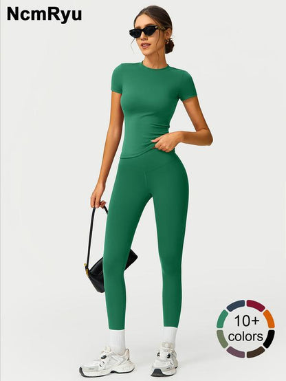 2PCS Women Quick Dry Yoga Set Workout Sportswear Gym Clothing Fitness Short Sleeve Top High Waist Leggings Sports Suits