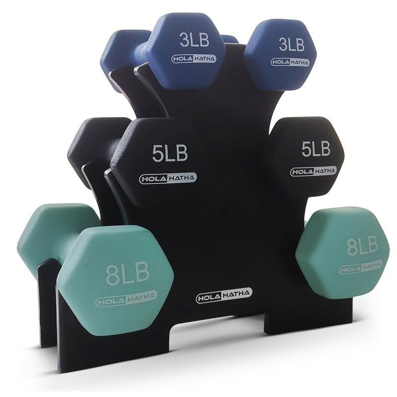 Holahatha 3, 5, and 8 Pound Dumbbell Hand Weight Set with Storage Rack, Multi Strength Training