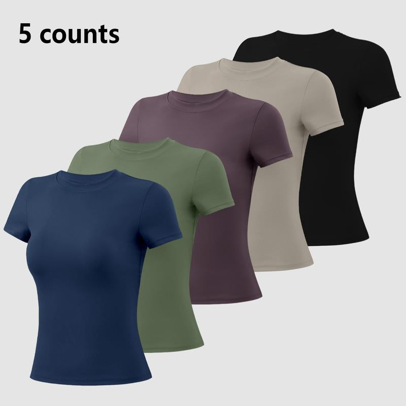 Timeoff 5-Piece Solid Sports Tee Set round Neck Slim Stretchy Ideal for Yoga Gym Workouts Women'S Athletic Wear Sporty Style Clothes Gym Shirts Workout Tops Oversized Gym Shirts Fitness Outfit