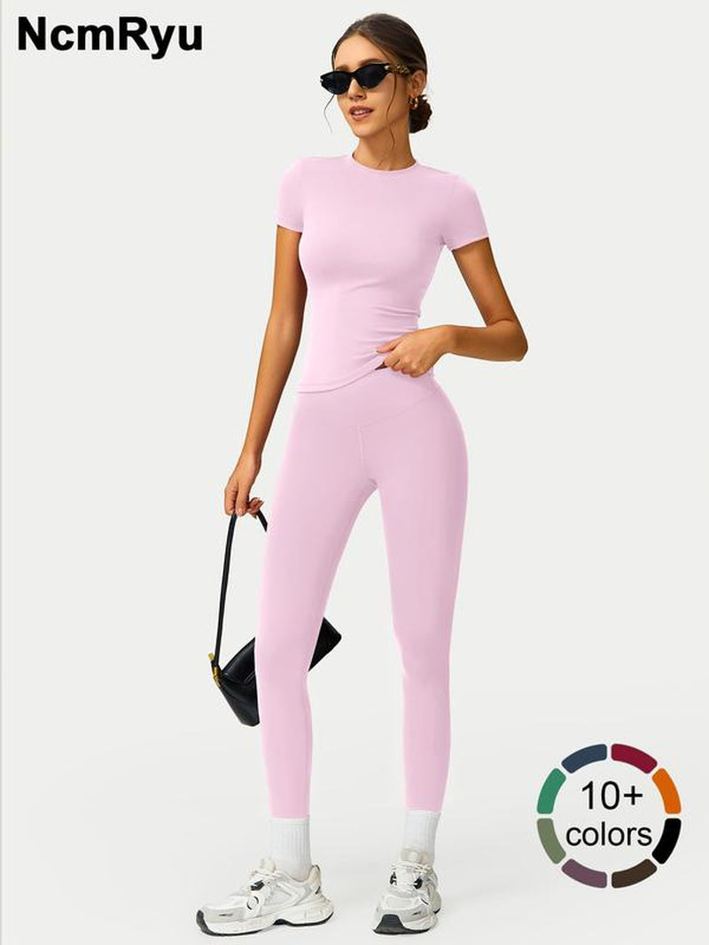 2PCS Women Quick Dry Yoga Set Workout Sportswear Gym Clothing Fitness Short Sleeve Top High Waist Leggings Sports Suits