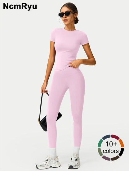 2PCS Women Quick Dry Yoga Set Workout Sportswear Gym Clothing Fitness Short Sleeve Top High Waist Leggings Sports Suits