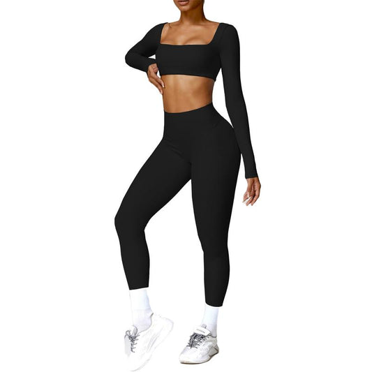 Kabuer Women'S Workout Set - Twist Front Long Sleeve Crop Top & High Waist Flared Leggings - Plain Solid Color Activewear Skinny Sportswear for Summer Lounge Activewear Skinny Sportswear