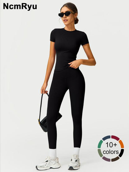 2PCS Women Quick Dry Yoga Set Workout Sportswear Gym Clothing Fitness Short Sleeve Top High Waist Leggings Sports Suits