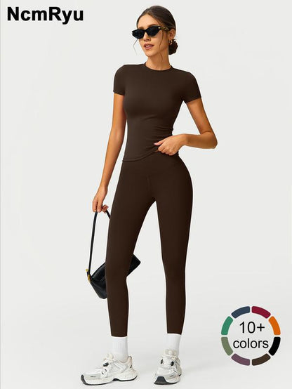 2PCS Women Quick Dry Yoga Set Workout Sportswear Gym Clothing Fitness Short Sleeve Top High Waist Leggings Sports Suits