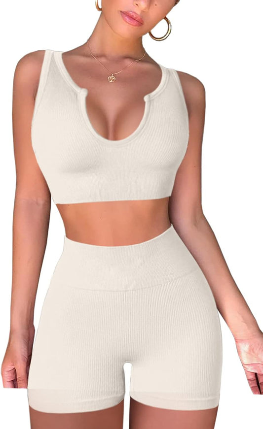 Yoga Outfit for Women Ribbed Seamless Crop Tank Tops High Waisted Shorts 2 Piece Workout Sets Beige S