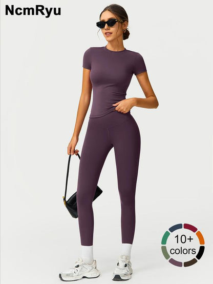 2PCS Women Quick Dry Yoga Set Workout Sportswear Gym Clothing Fitness Short Sleeve Top High Waist Leggings Sports Suits