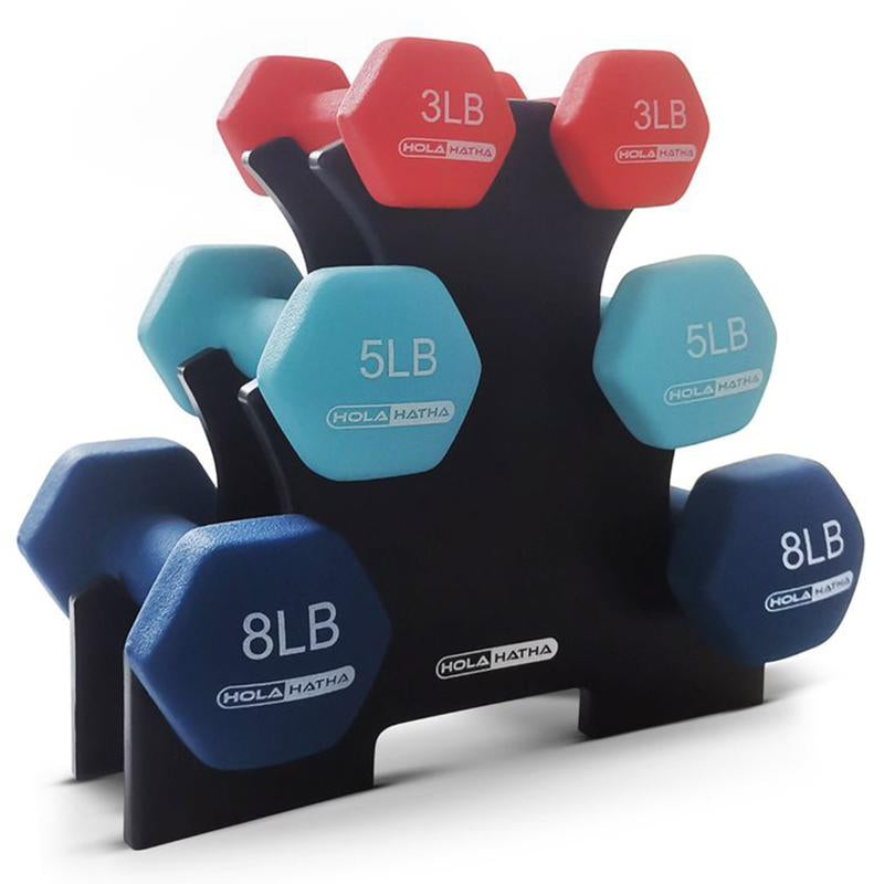 Holahatha 3, 5, and 8 Pound Dumbbell Hand Weight Set with Storage Rack, Multi Strength Training