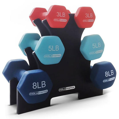 Holahatha 3, 5, and 8 Pound Dumbbell Hand Weight Set with Storage Rack, Multi Strength Training