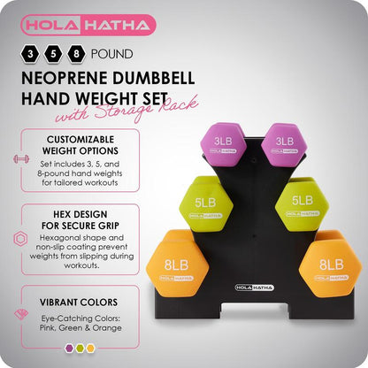 Holahatha 3, 5, and 8 Pound Dumbbell Hand Weight Set with Storage Rack, Multi Strength Training
