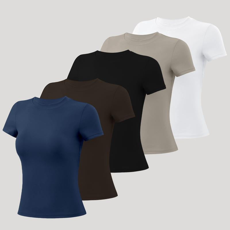 Timeoff 5-Piece Solid Sports Tee Set round Neck Slim Stretchy Ideal for Yoga Gym Workouts Women'S Athletic Wear Sporty Style Clothes Gym Shirts Workout Tops Oversized Gym Shirts Fitness Outfit