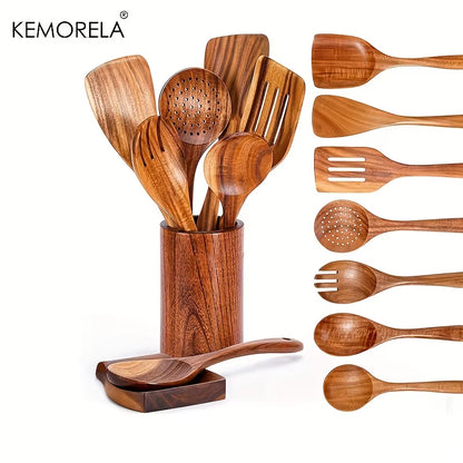 9PCS Wooden Spoons for Cooking, Wooden Utensils for Cooking with Utensils Holder, Teak Wooden Kitchen Utensils Set