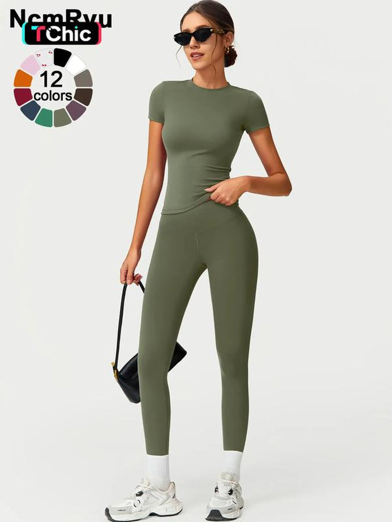 2PCS Women Quick Dry Yoga Set Workout Sportswear Gym Clothing Fitness Short Sleeve Top High Waist Leggings Sports Suits