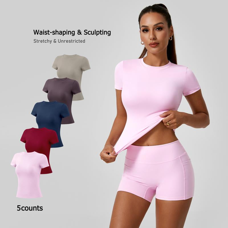 Timeoff 5-Piece Solid Sports Tee Set round Neck Slim Stretchy Ideal for Yoga Gym Workouts Women'S Athletic Wear Sporty Style Clothes Gym Shirts Workout Tops Oversized Gym Shirts Fitness Outfit