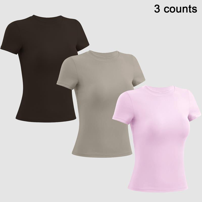 Timeoff 5-Piece Solid Sports Tee Set round Neck Slim Stretchy Ideal for Yoga Gym Workouts Women'S Athletic Wear Sporty Style Clothes Gym Shirts Workout Tops Oversized Gym Shirts Fitness Outfit