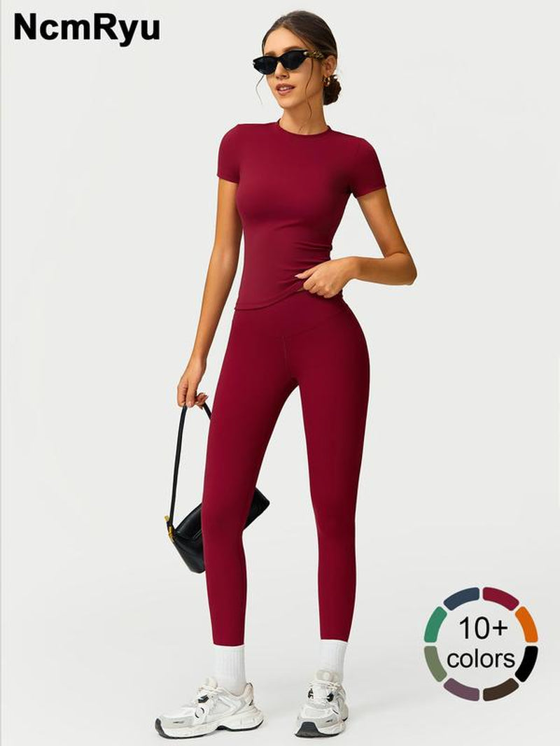 2PCS Women Quick Dry Yoga Set Workout Sportswear Gym Clothing Fitness Short Sleeve Top High Waist Leggings Sports Suits