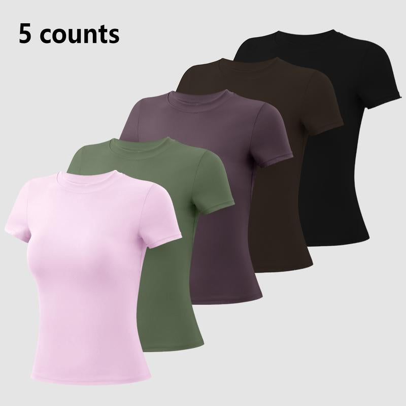 Timeoff 5-Piece Solid Sports Tee Set round Neck Slim Stretchy Ideal for Yoga Gym Workouts Women'S Athletic Wear Sporty Style Clothes Gym Shirts Workout Tops Oversized Gym Shirts Fitness Outfit