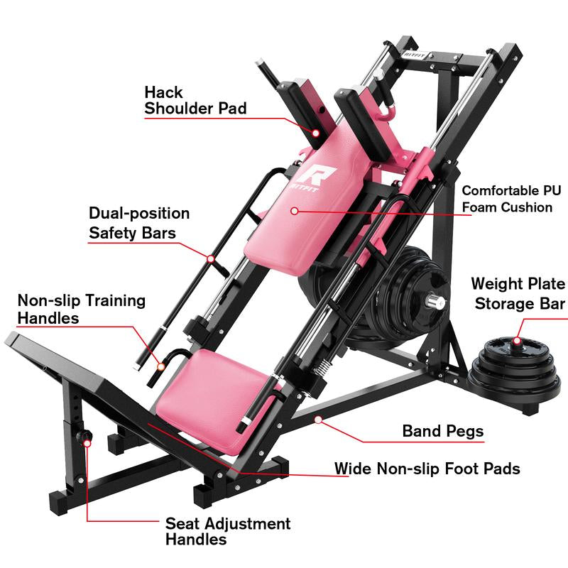 RITFIT BLP01 Pink Leg Press Hack Squat Machine with Linear Bearing, Pink Fitness Trainer, Professional Adjustable Design for Full Lower Body Workout Strength Training Equipment