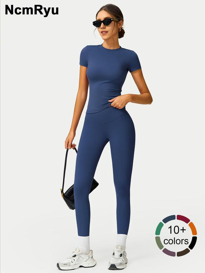 2PCS Women Quick Dry Yoga Set Workout Sportswear Gym Clothing Fitness Short Sleeve Top High Waist Leggings Sports Suits