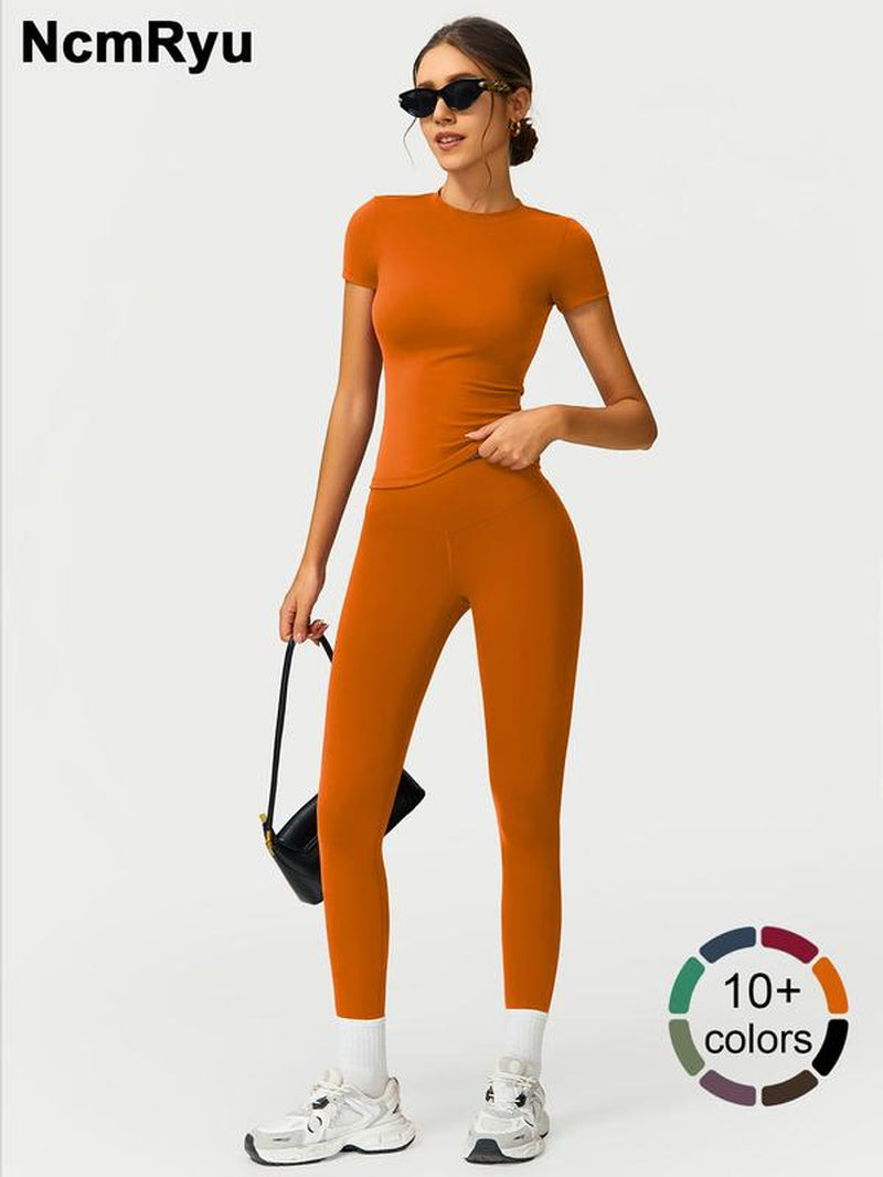 2PCS Women Quick Dry Yoga Set Workout Sportswear Gym Clothing Fitness Short Sleeve Top High Waist Leggings Sports Suits